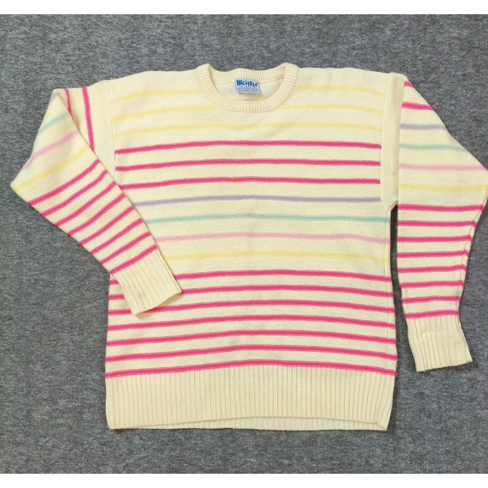 Vintage 80s Meister Cream Rainbow Stripe 100% Wool Crew Neck Sweater Sz Medium
